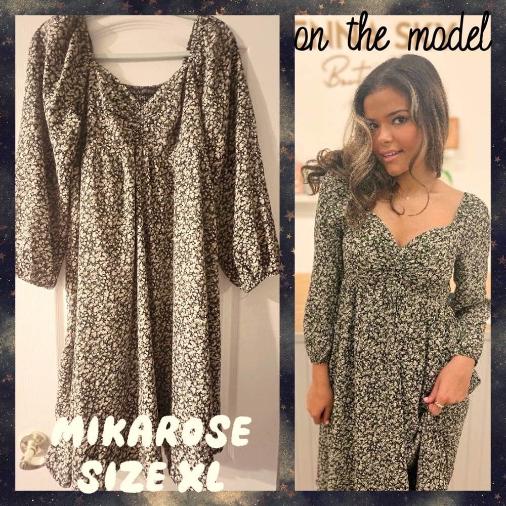 Mikarose Estella Fall Guest Floral Long Sleeve Dress in Black Gardenia - size XL
